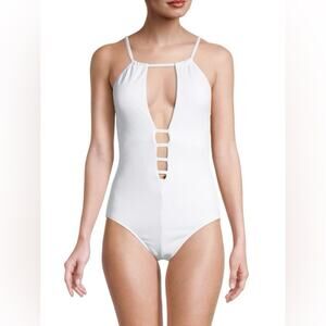 New RACHEL Rachel Roy Pique Lattice Cutout One Piece Swimsuit White Small
